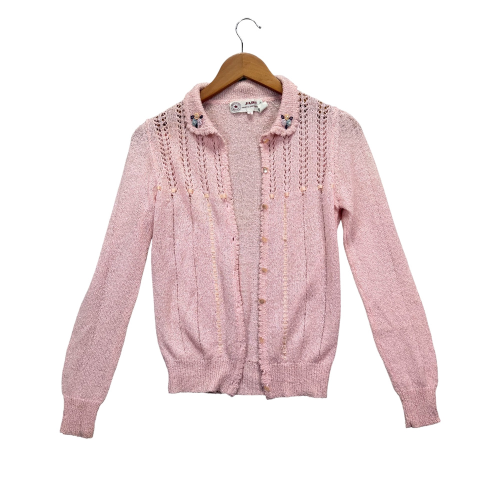 Vintage Jade Pink Textured Knit Sweater Top Cardigan Acrylic Button Front sz S
